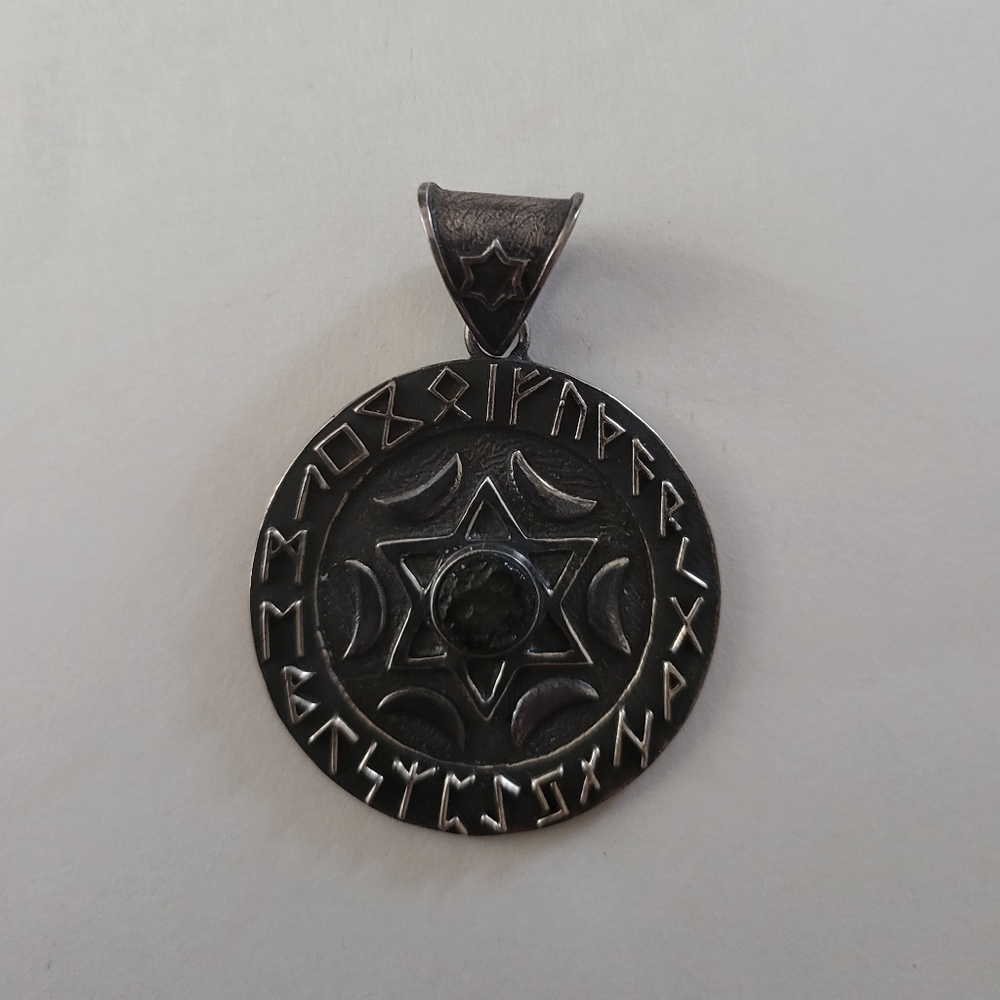 Natural Moldavite and Textured Silver Norse Rune Amulet